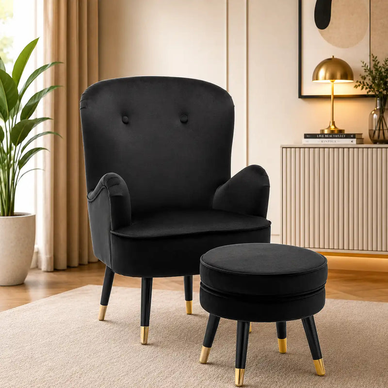 Luxury Black Premium Velvet Lounge Chair with Footrest