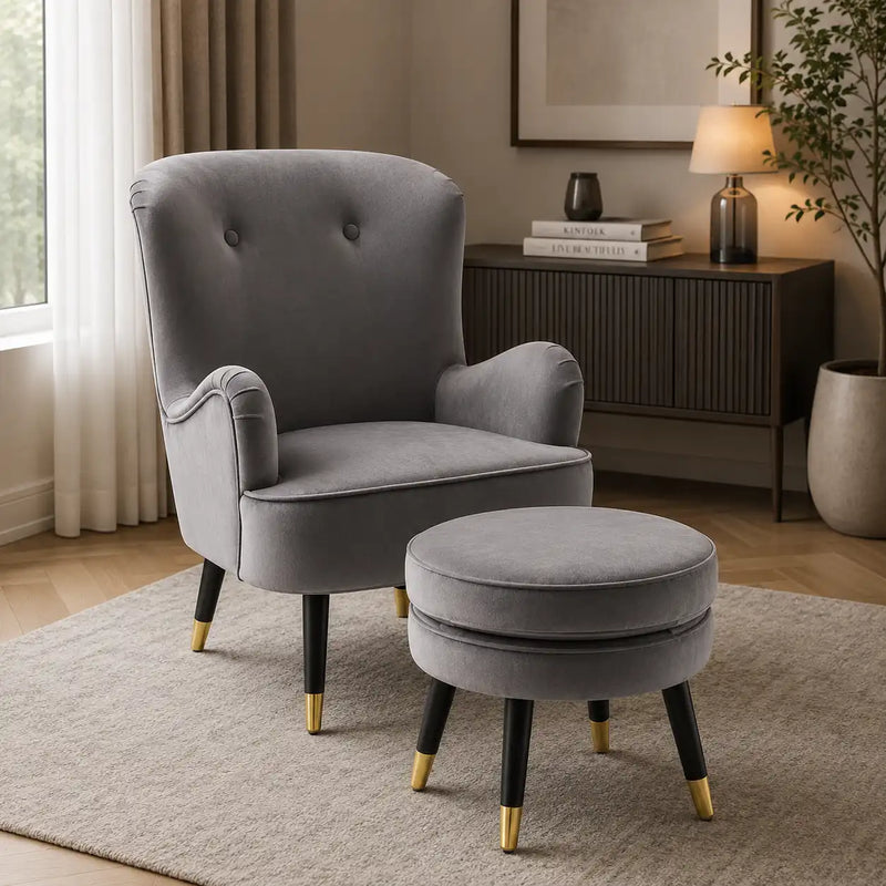 Luxury Grey Velvet Comfy Lounge Chair with Footrest
