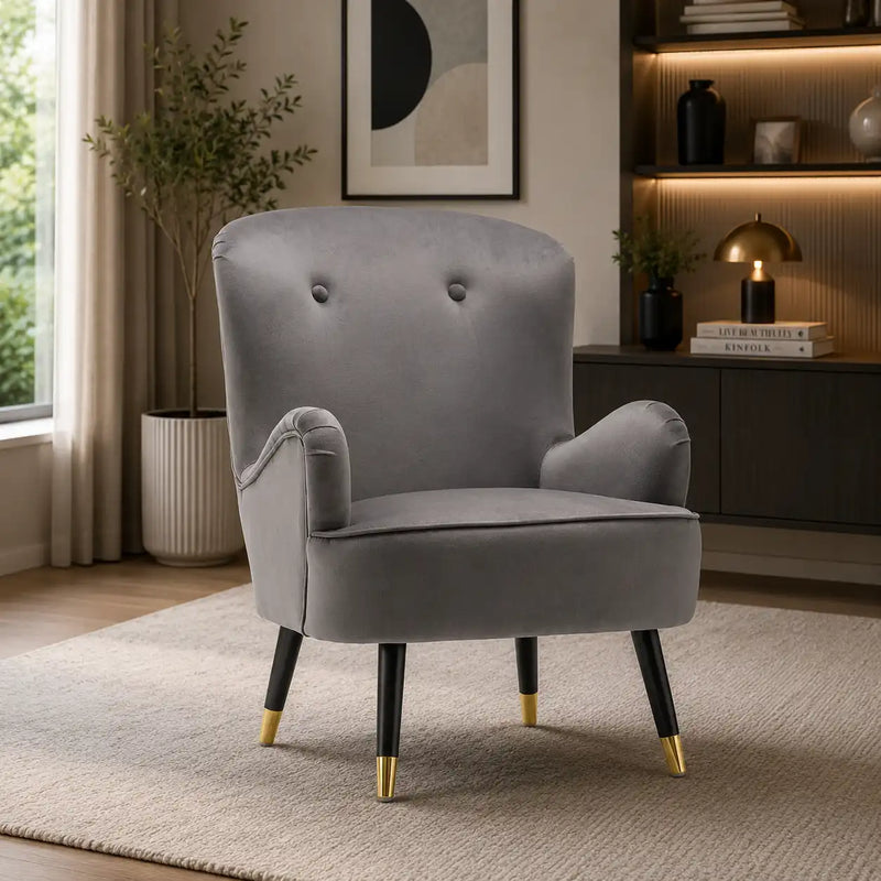 Luxury Grey Velvet Comfy Lounge Chair with Footrest