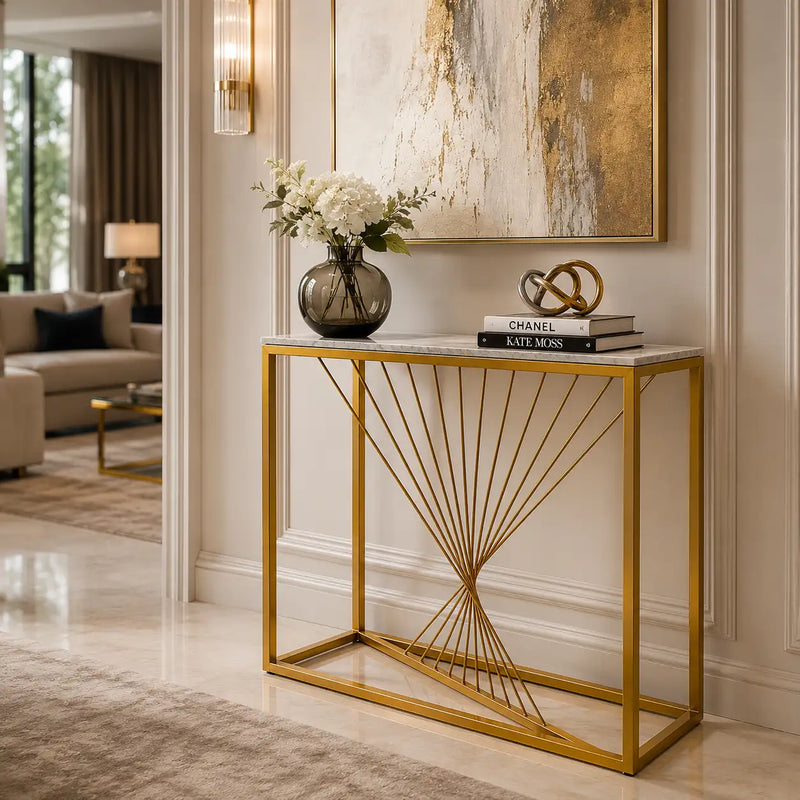Luxury Marble Wall Console Table In Sleek Golden Rods Design