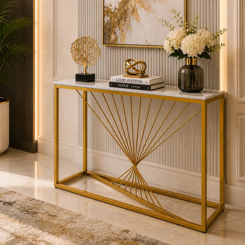 Luxury Marble Wall Console Table In Sleek Golden Rods Design