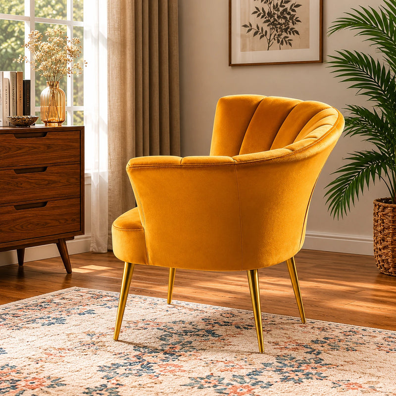 Luxury Opening Shell Designer Yellow Velvet Sofa Lounge Chair