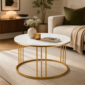 Luxury Round Marble White Matte Finish Metal Center Table