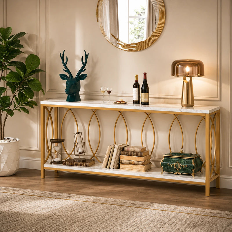 Luxury Style White Faux Marble Two Tier Console Table