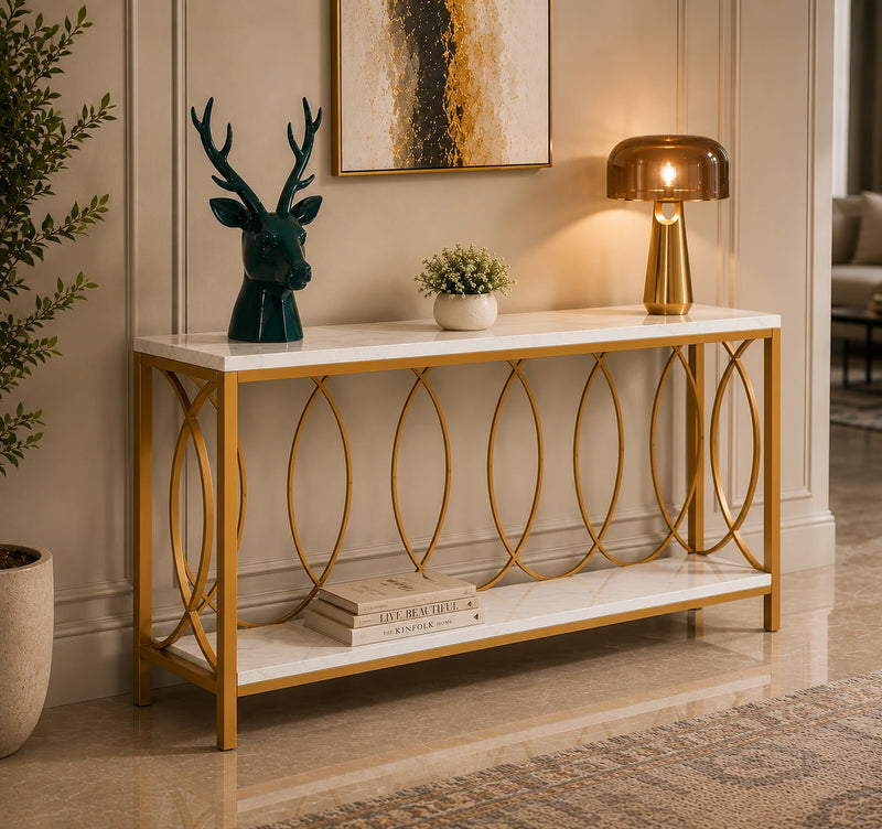 Luxury Style White Faux Marble Two Tier Console Table