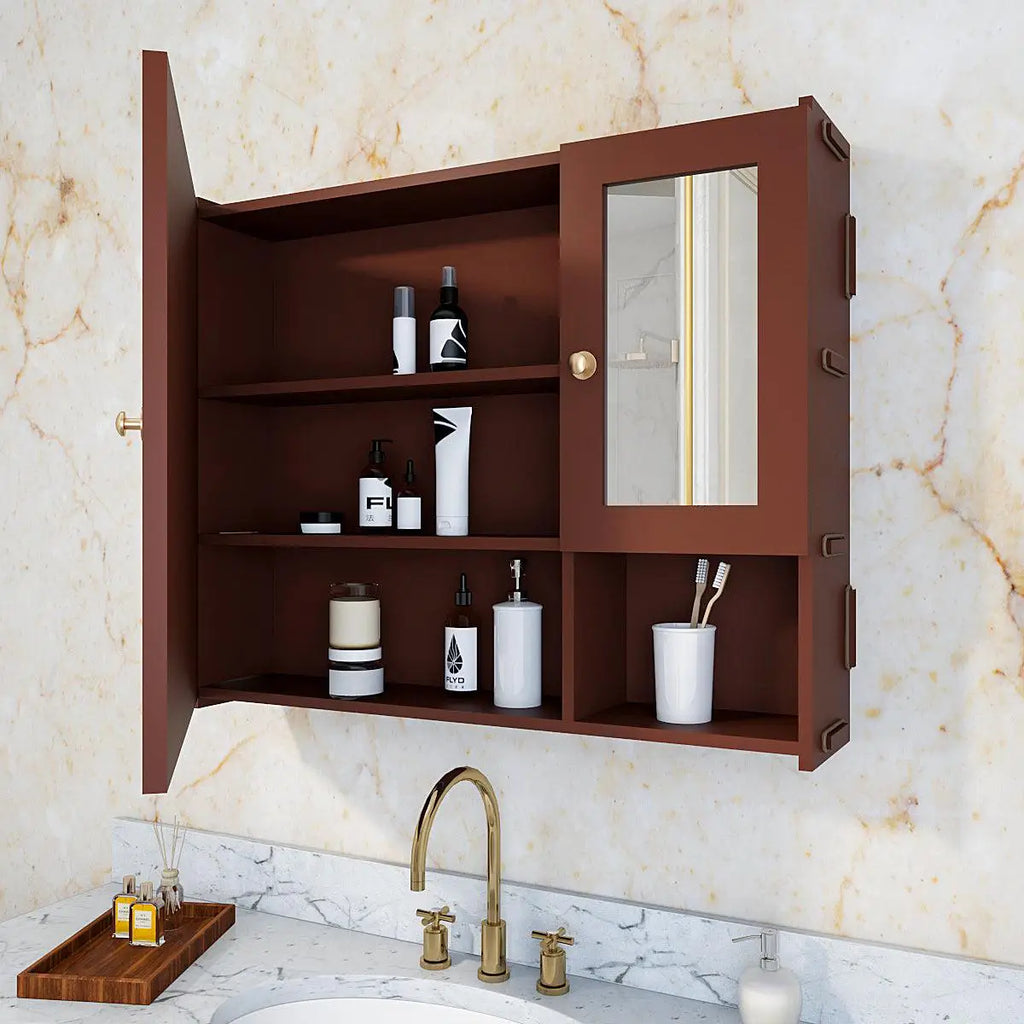 Bathroom Storage Cabinet with Mirrors & 5 Spacious Shelves with Brown Finish