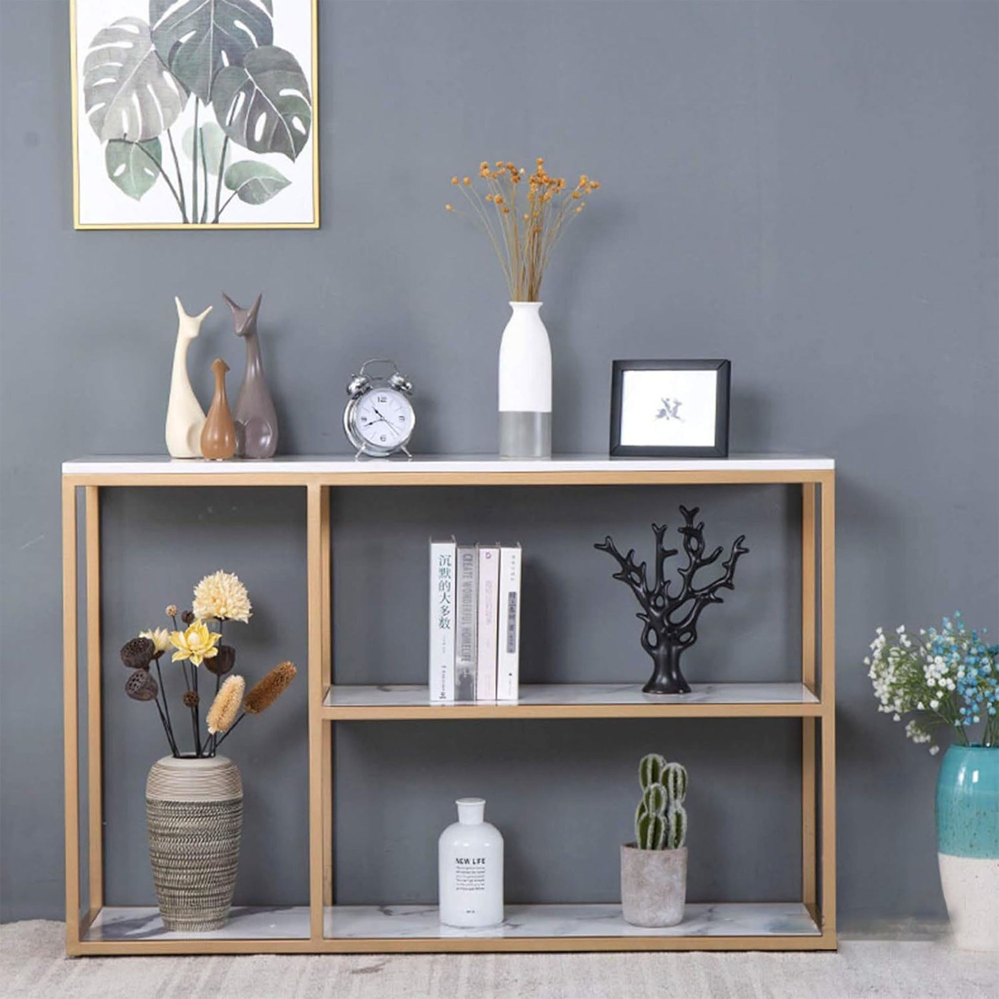 Luxury White Faux Marble Golden Finish Console Table