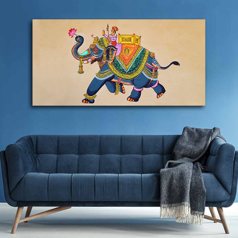 Madhubani Art Elephant Premium Canvas Wall Painting