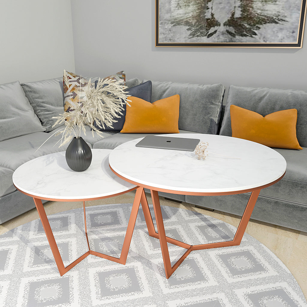 Nested Center Table Metallic Nesting Center Tables of Copper Luxe Base Set of 2 – Vibecrafts