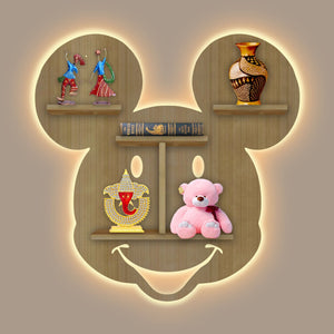 Mickey Mouse Face Shape Wooden LED Light Wall Shelf with Oak Finish