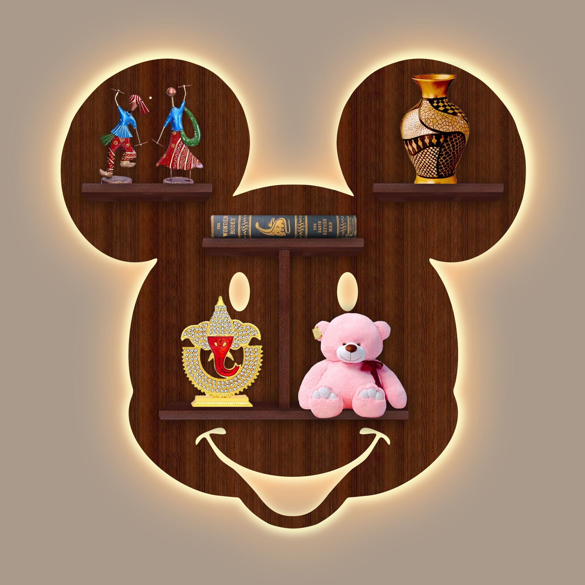 Mickey Mouse Face Shape Wooden LED Light Wall Shelf with Walnut Finish