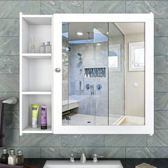 Minimal Design Wooden Bathroom Cabinet Mirror with 5 Spacious Shelves with White Finish