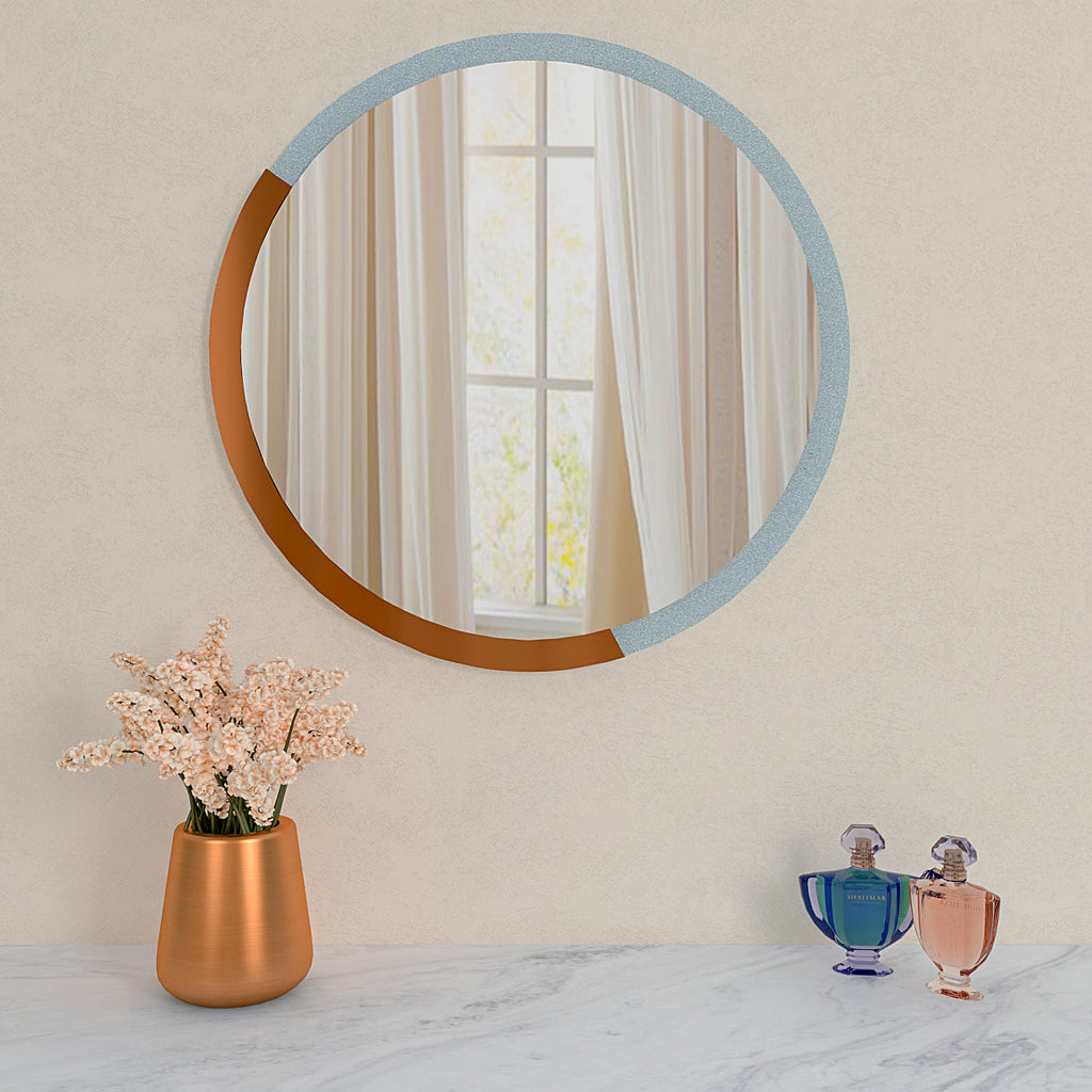 Minimalist Copper & Silver Finish Round Wooden Wall Mirror