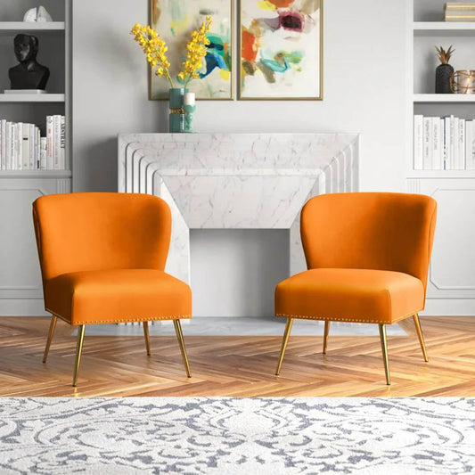 Minimalist Design Orange Velvet Lounge Chairs Set Of 2