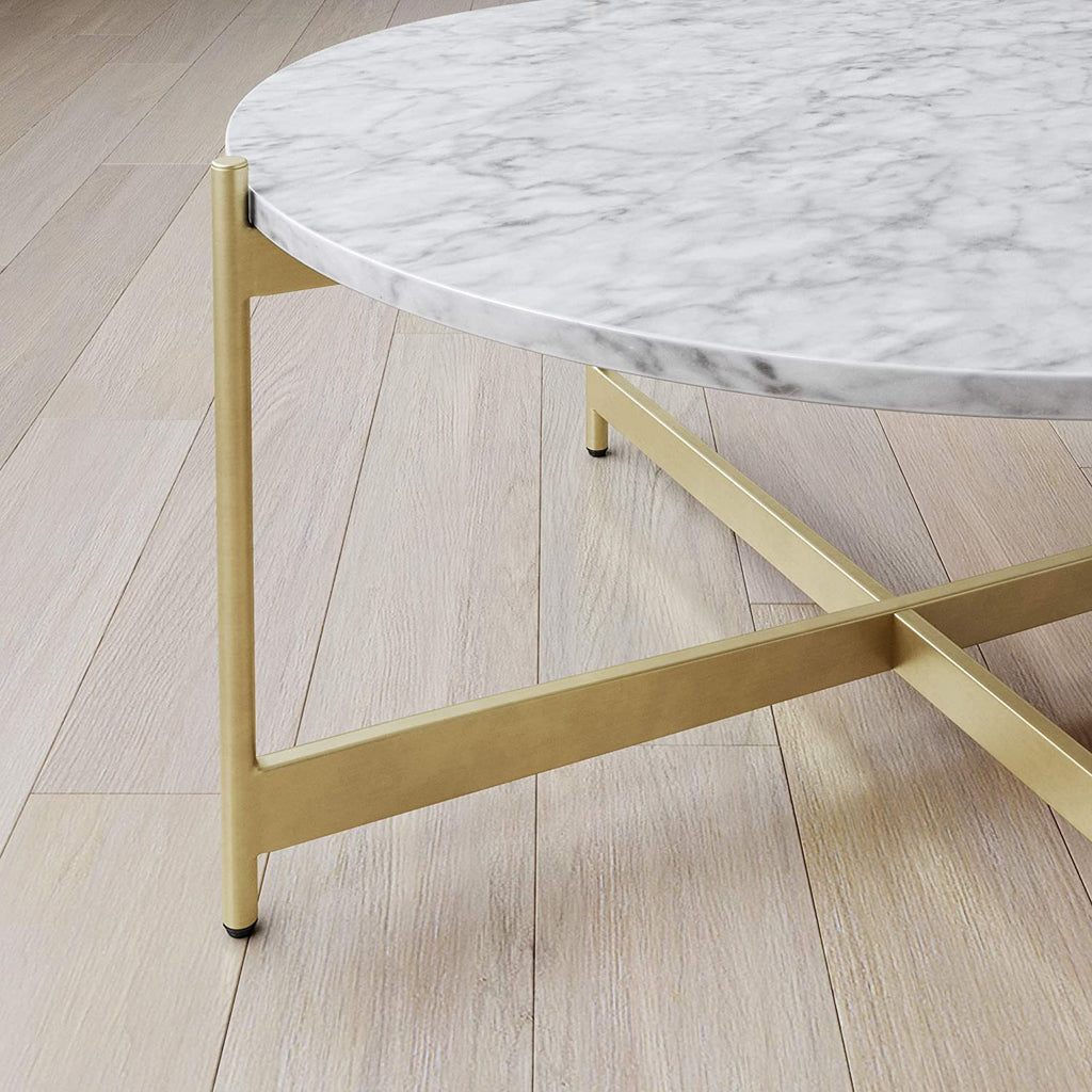 Minimalist Metal Center Table in Criss Cross Matte Finish Gold Base