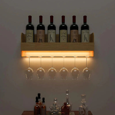 Minimalistic Design Backlit Wall Mounted Mini Bar Shelf in Light Oak Finish