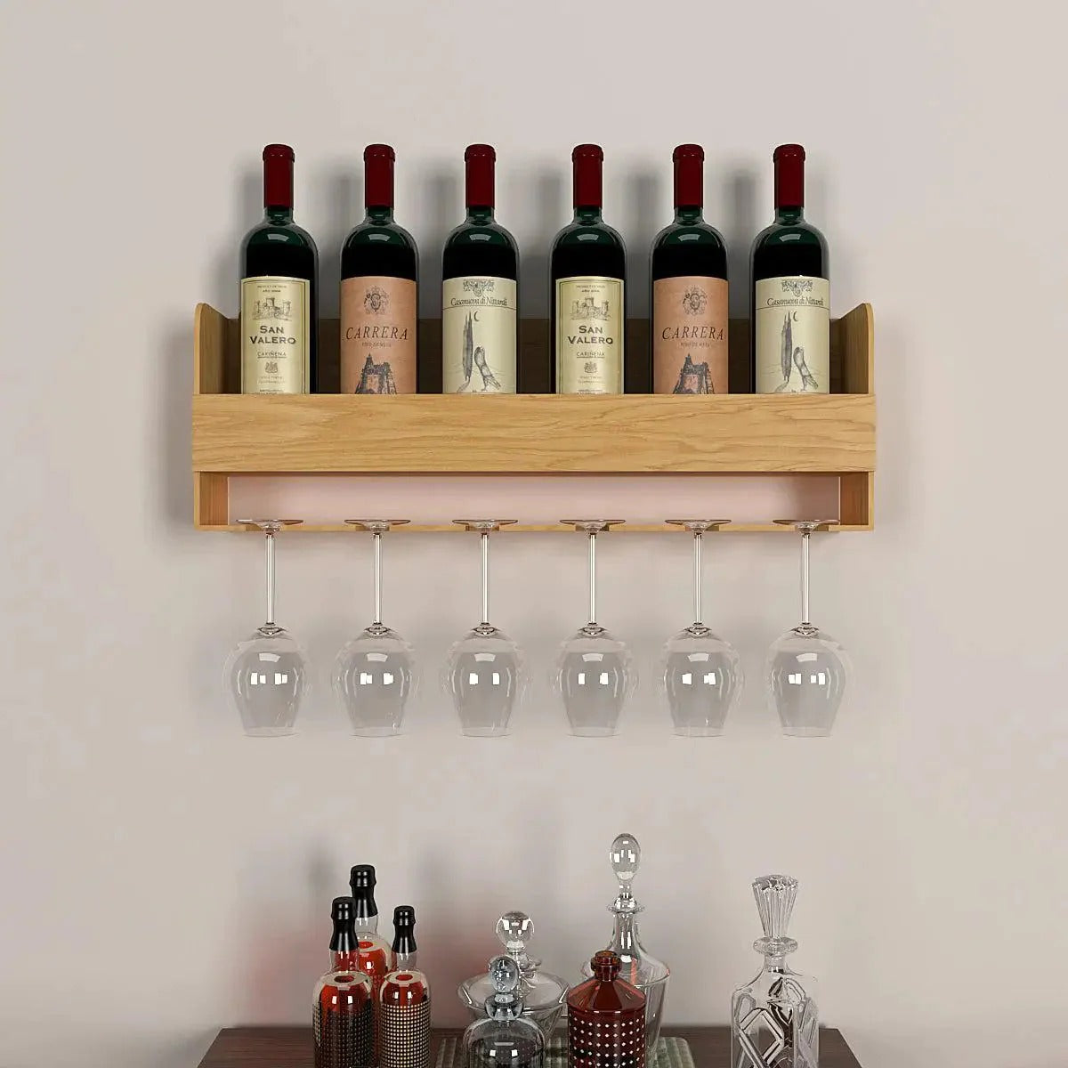 Minimalistic Design Backlit Wall Mounted Mini Bar Shelf in Light Oak F