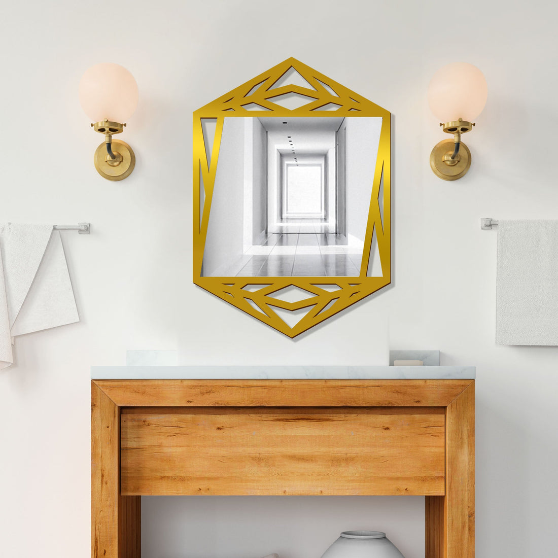 Minimalistic Geometrical Shape Wooden Golden Finish Wooden Vanity Mirror