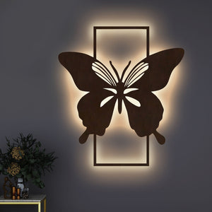 Modern Butterfly Art Backlit Wooden Wall Decor with LED Night Light Walnut Finish