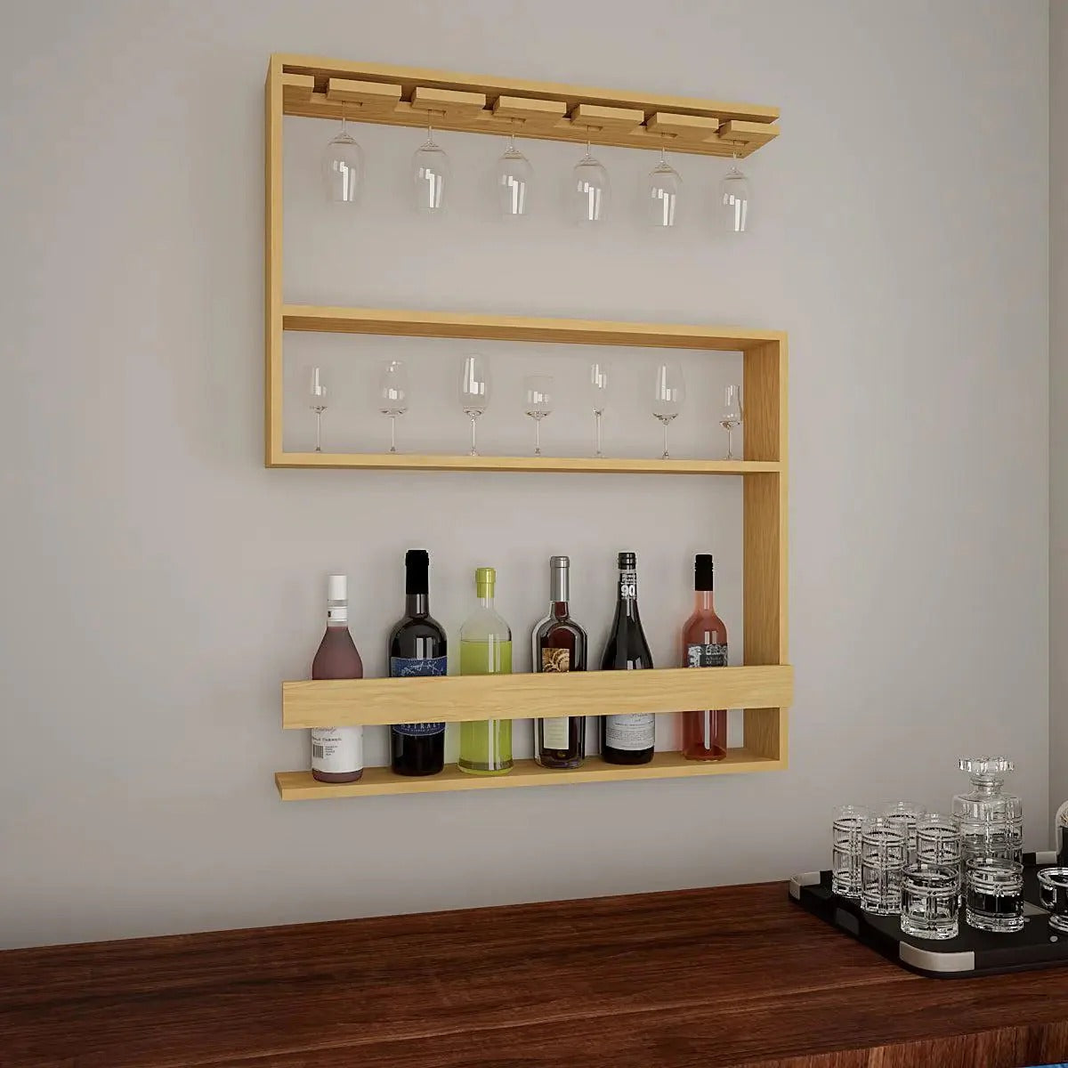 Modern Design Backlit Mdf Bar Wall Shelf Mini Bar Shelf In Light Oak Vibecrafts 0185