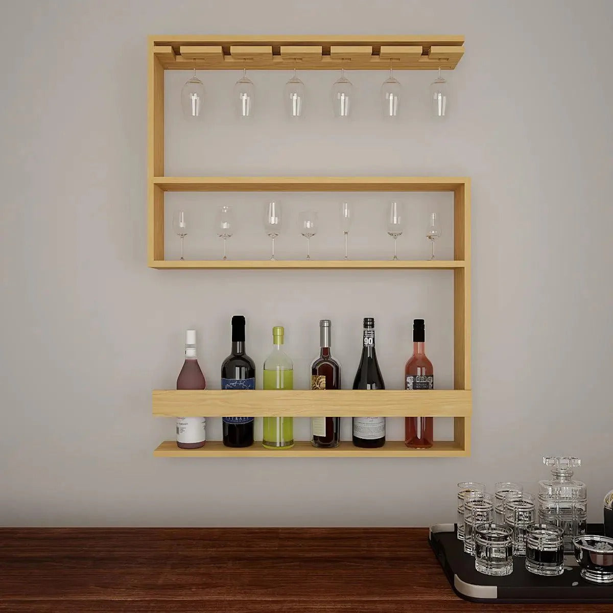  Design Backlit MDF Bar Wall Shelf / Mini Bar Shelf in Light Oak Finish