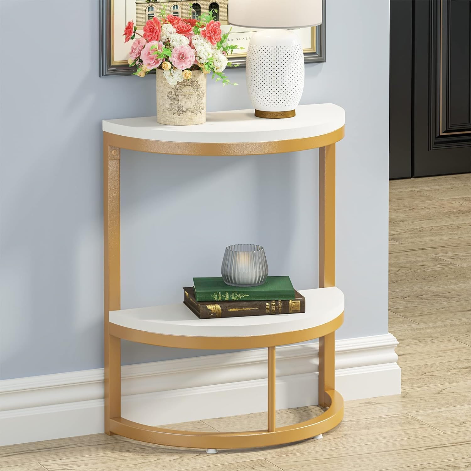 Modern End Semi Circle Side Table with Storage Shelf