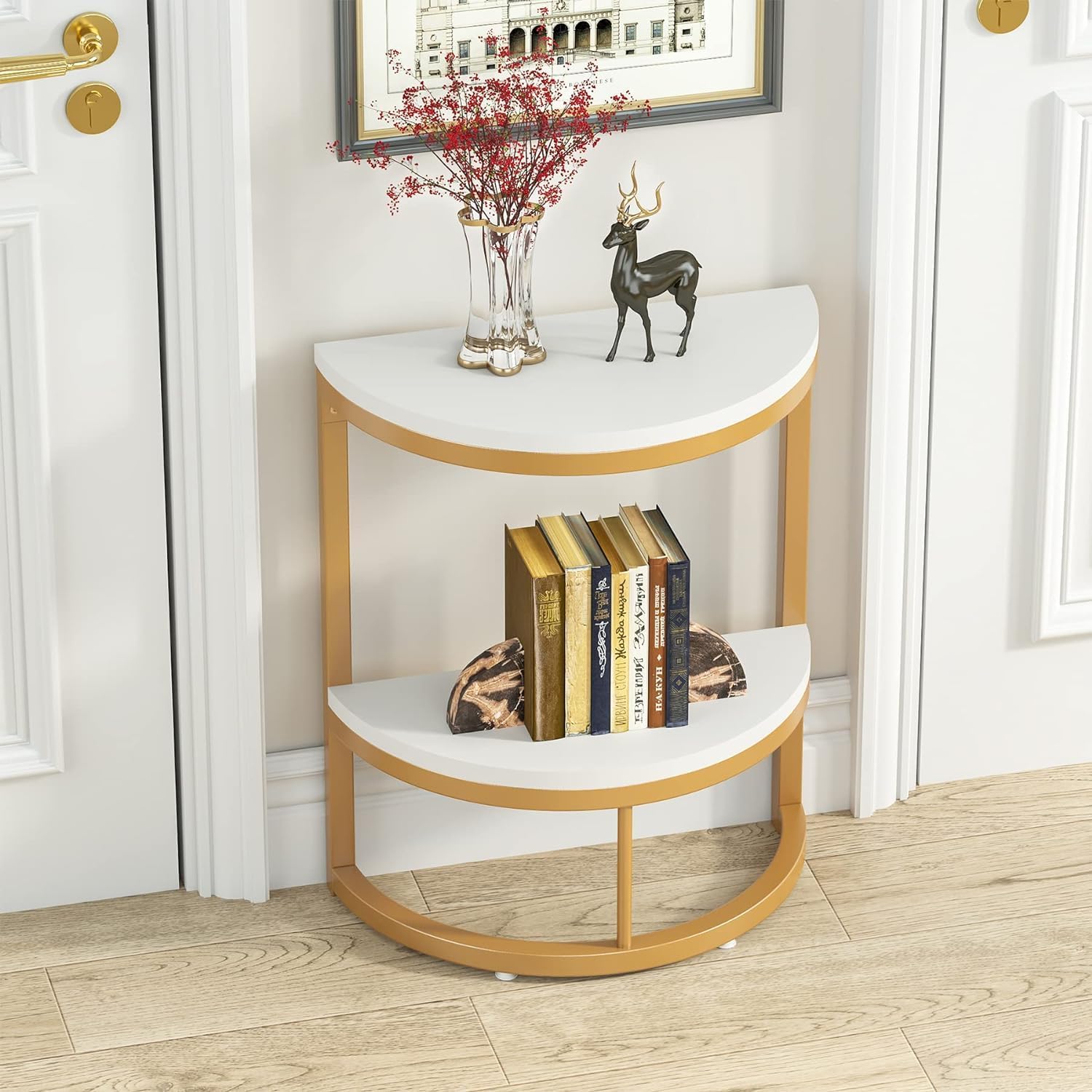 Modern End Semi Circle Side Table with Storage Shelf