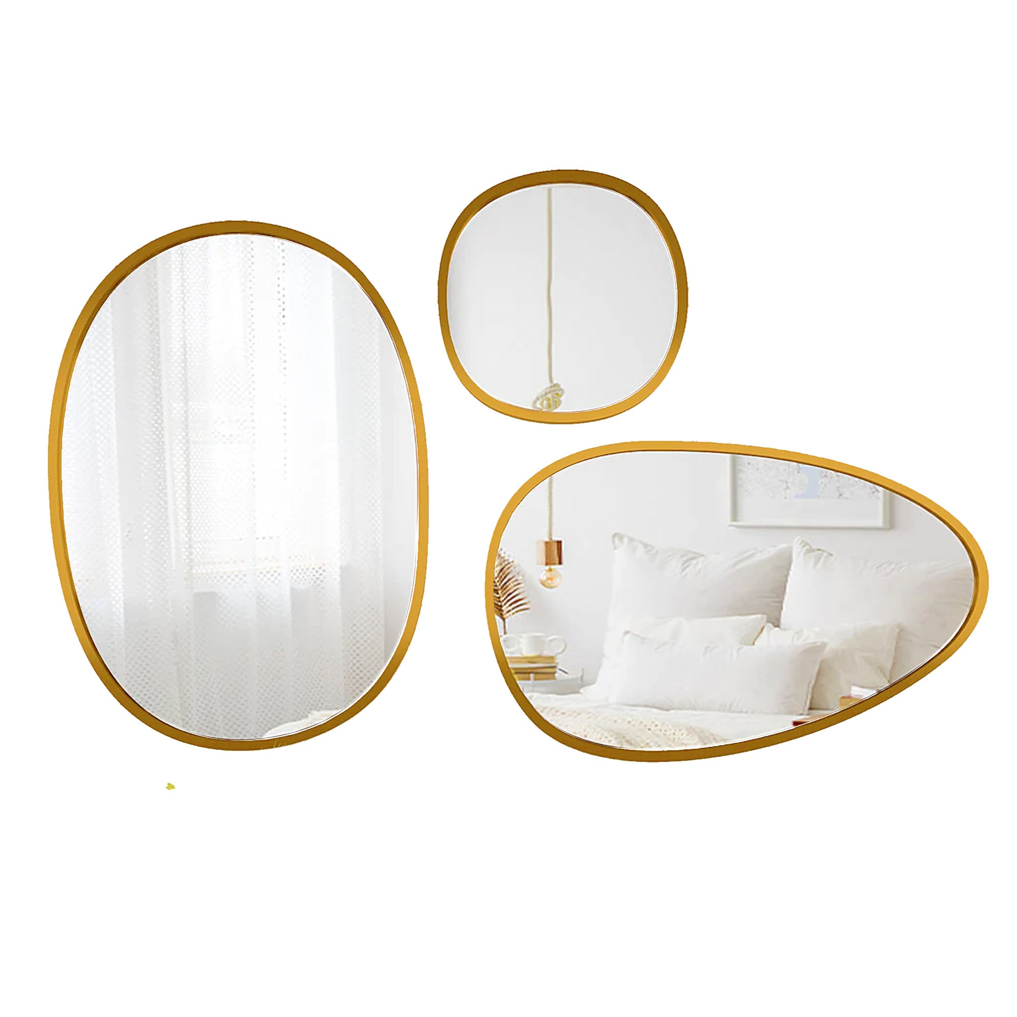 Modern Pebble Shaped Wall Mirrors Set of 3 with Golden Finish Vibecrafts