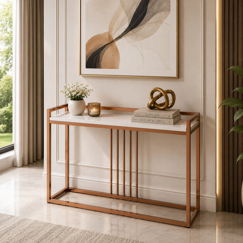 Modern Style Console Table In Sleek Copper Rods Design