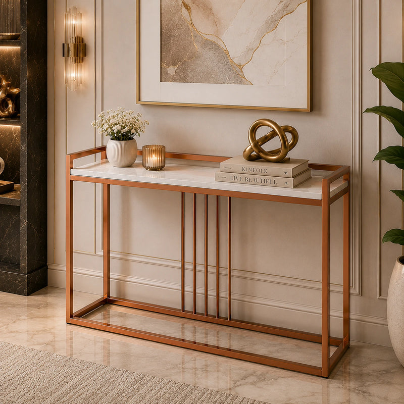Modern Style Console Table In Sleek Copper Rods Design