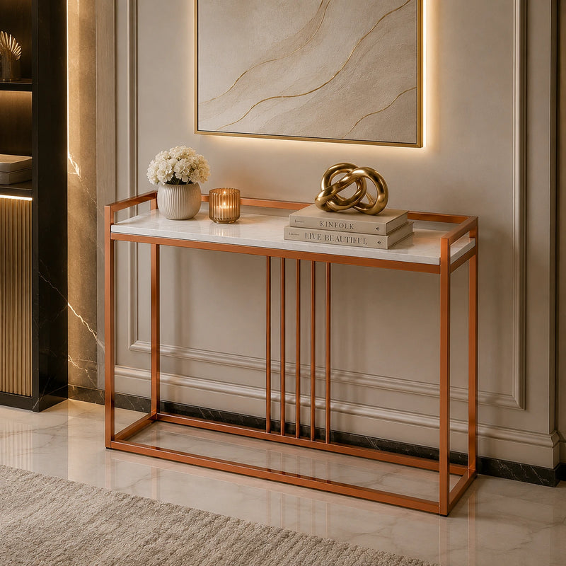 Modern Style Console Table In Sleek Copper Rods Design