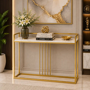 Modern Style Console Table In Sleek Golden Rods Design