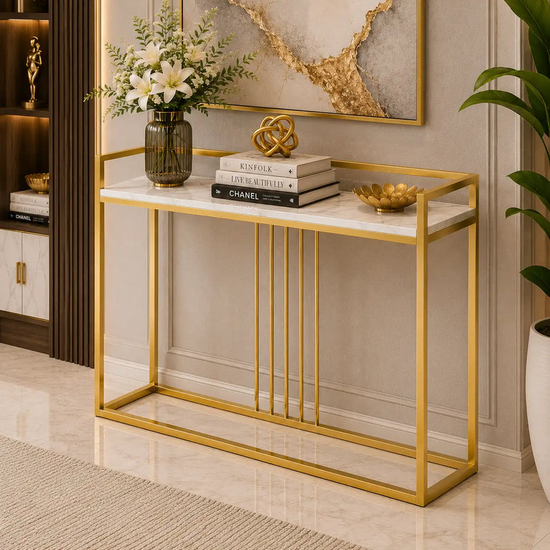 Modern Style Console Table In Sleek Golden Rods Design