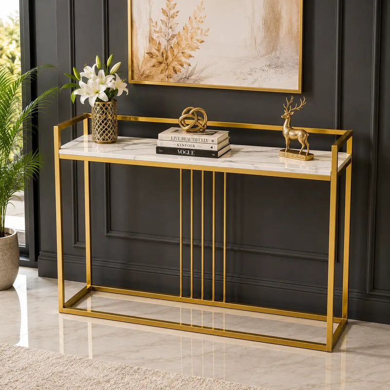 Modern Style Console Table In Sleek Golden Rods Design