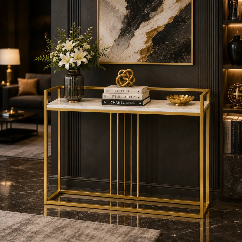 Modern Style Console Table In Sleek Golden Rods Design