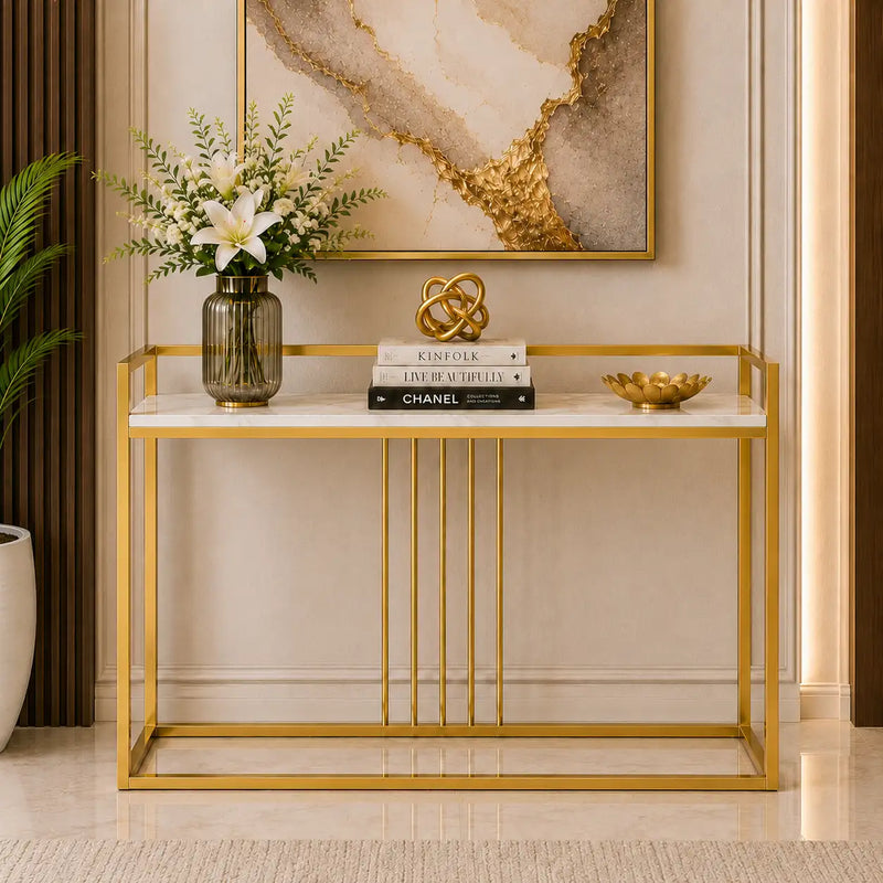 Modern Style Console Table In Sleek Golden Rods Design