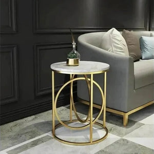 Modern White Marble Round Shaped Side Table with Golden Metallic Side