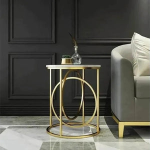 Modern White Marble Round Shaped Side Table with Golden Metallic Side