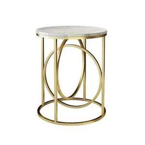 Modern White Marble Round Shaped Side Table with Golden Metallic Side