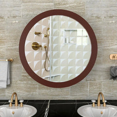 Modish Circular Shape Wooden Bathroom Cabinet Mirror with 2 Spacious Shelves with Brown Finish