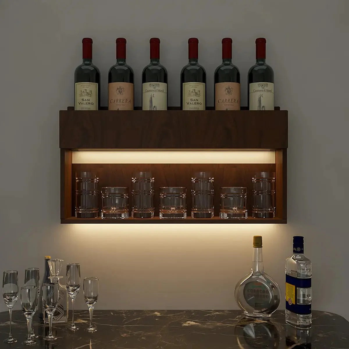 Mini Table Self Modish Look Backlit MDF Mini Bar Shelf in Walnut Finish