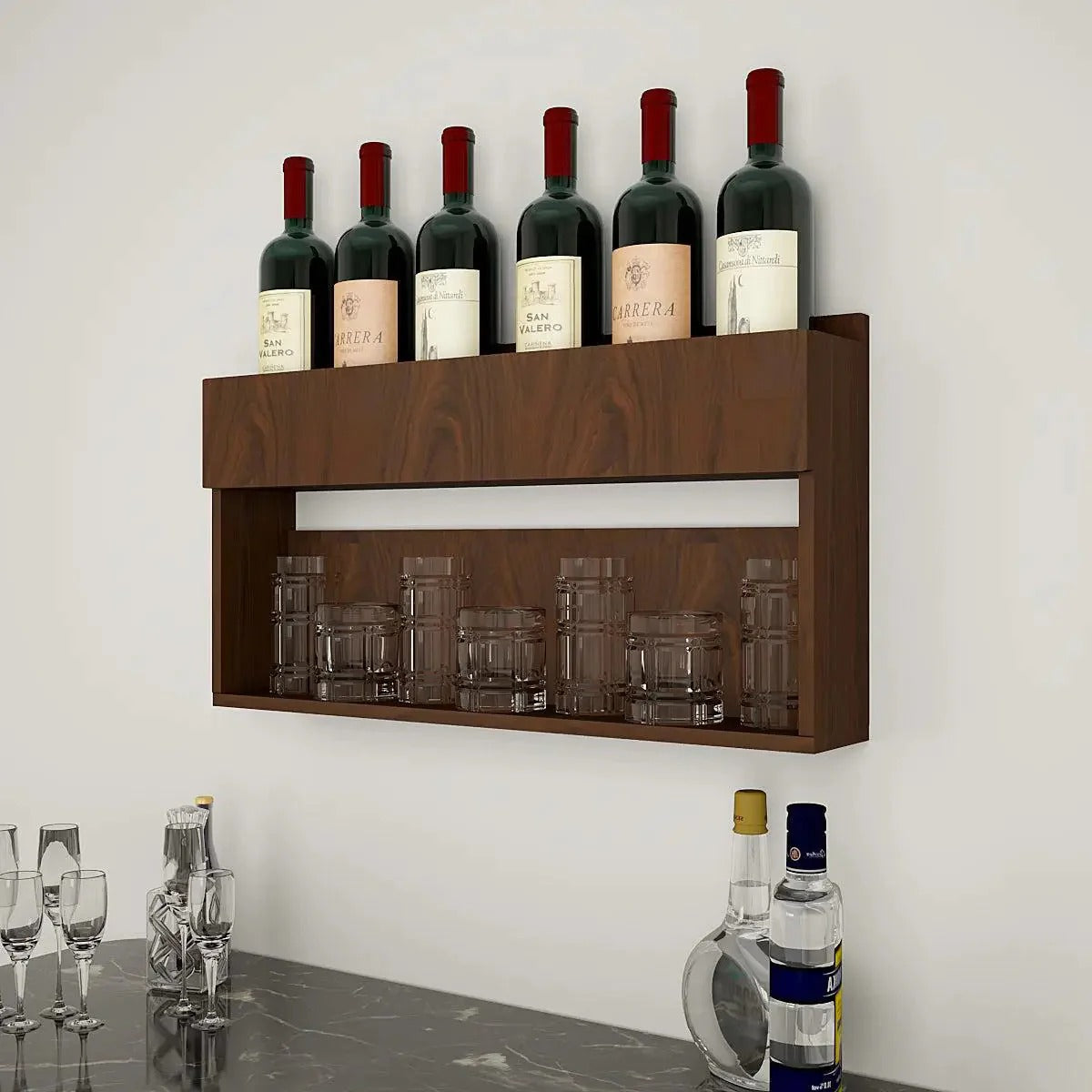 Backlit MDF Mini Bar Shelf in Walnut Finish