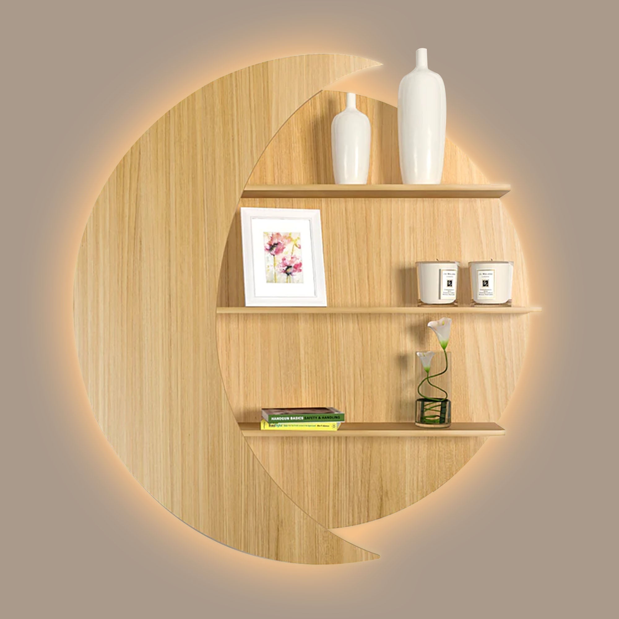 Moon Shape Designer Wooden Wall Shelf / Book Shelf, Oak Finish