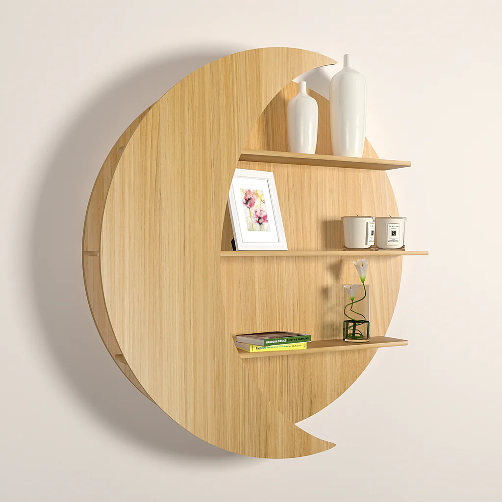 Moon Shape Designer Wooden Wall Shelf / Book Shelf, Oak Finish Vibecrafts
