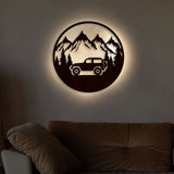 Mountain Forest Road Jeep Art Backlit Wooden Wall Hanging with LED Night Light Walnut Finish