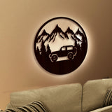 Mountain Forest Road Jeep Art Backlit Wooden Wall Hanging