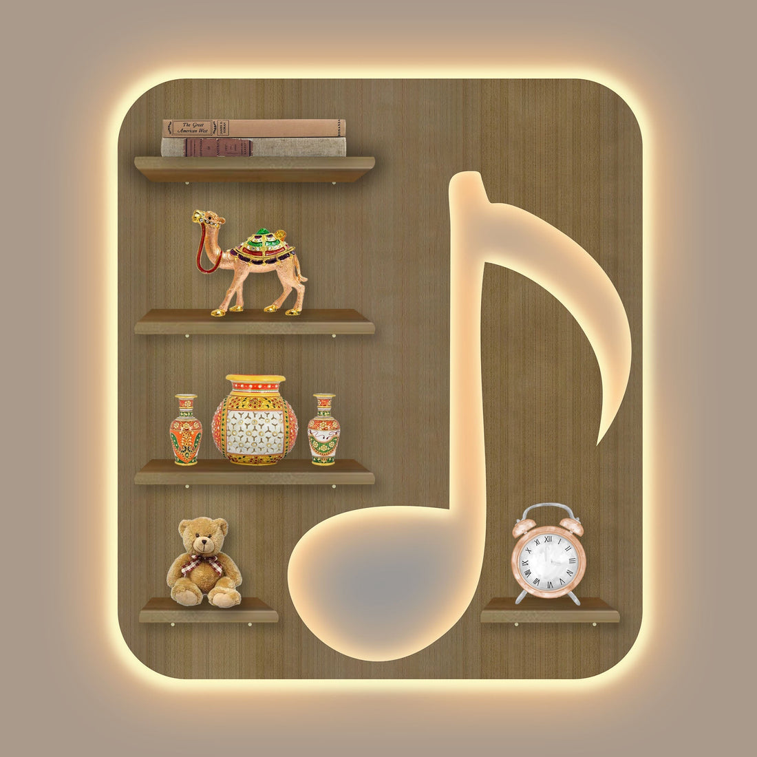 Music Symbol Note Backlit Wooden LED Light Wall Shelf with Oak Finish