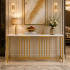 Narrow Long Faux White Marble Gold Console Table