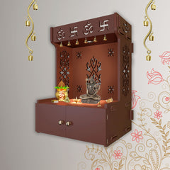 OM Swastika Symbol of Hindu Religious Brown Wooden Wall Temple for Home With Inbuilt focus Lights & Spacious Shelf