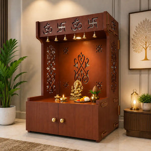 OM Swastika Symbol of Hindu Religious Floor Temple with Spacious Wooden Shelf & Inbuilt Focus Light- Brown Finish